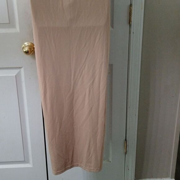 Tan nude color spaghetti cross over straps pleated front dress Sz XL EUC - Picture 6 of 8